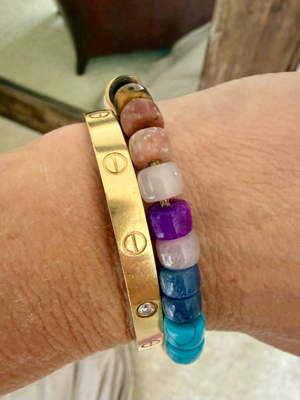 Multicolor Gemstone Bracelet with Gold Cord